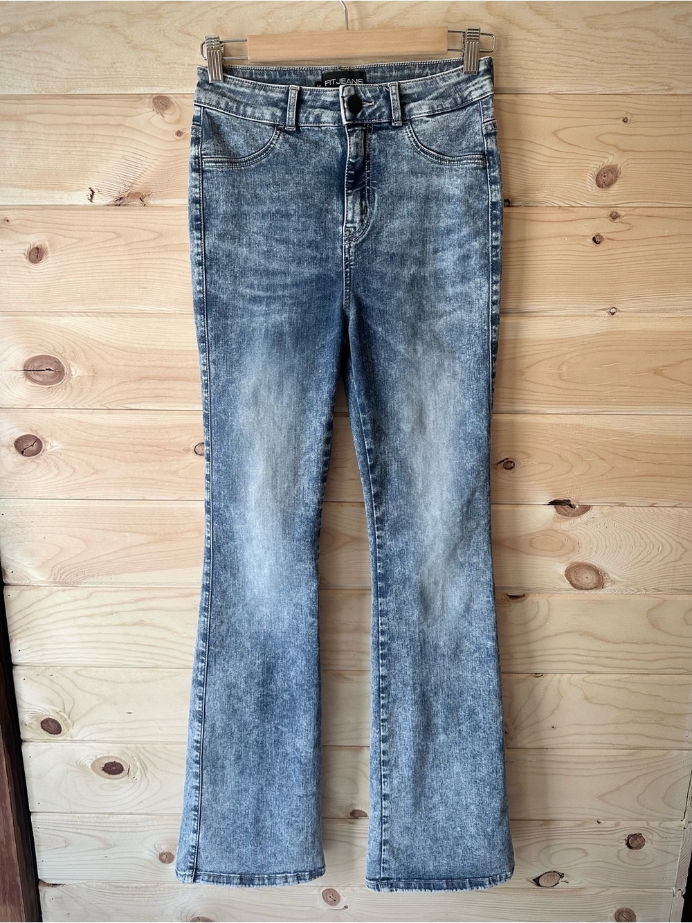 FITJEANS Acid Wash Flared Jeans Blue Size M High Rise Stretch Athletic Fit